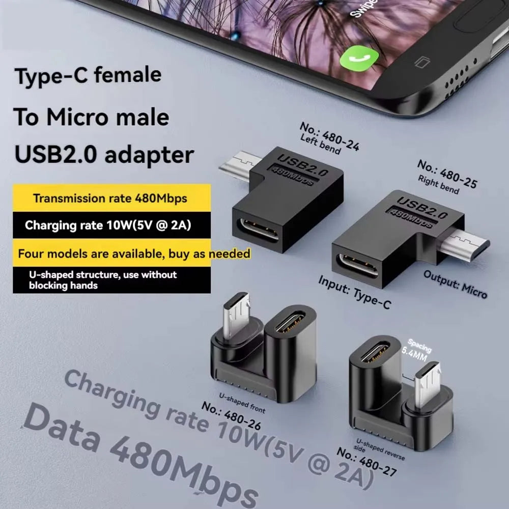 90° USB-C to Micro USB Adapter – 480Mbps & 10W Fast Charge
