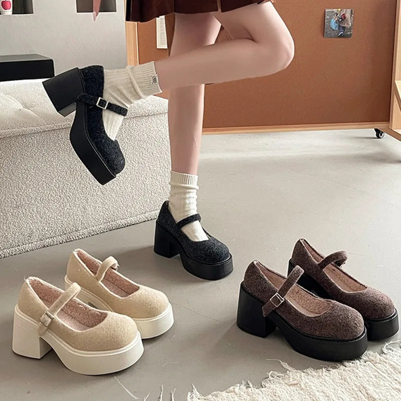Women's Faux Suede Chunky Heel Pumps – Buckle Strap