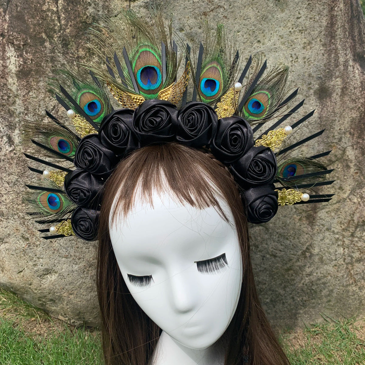Peacock Feather Gold Halo Crown Headband | Bridal Cosplay Festival