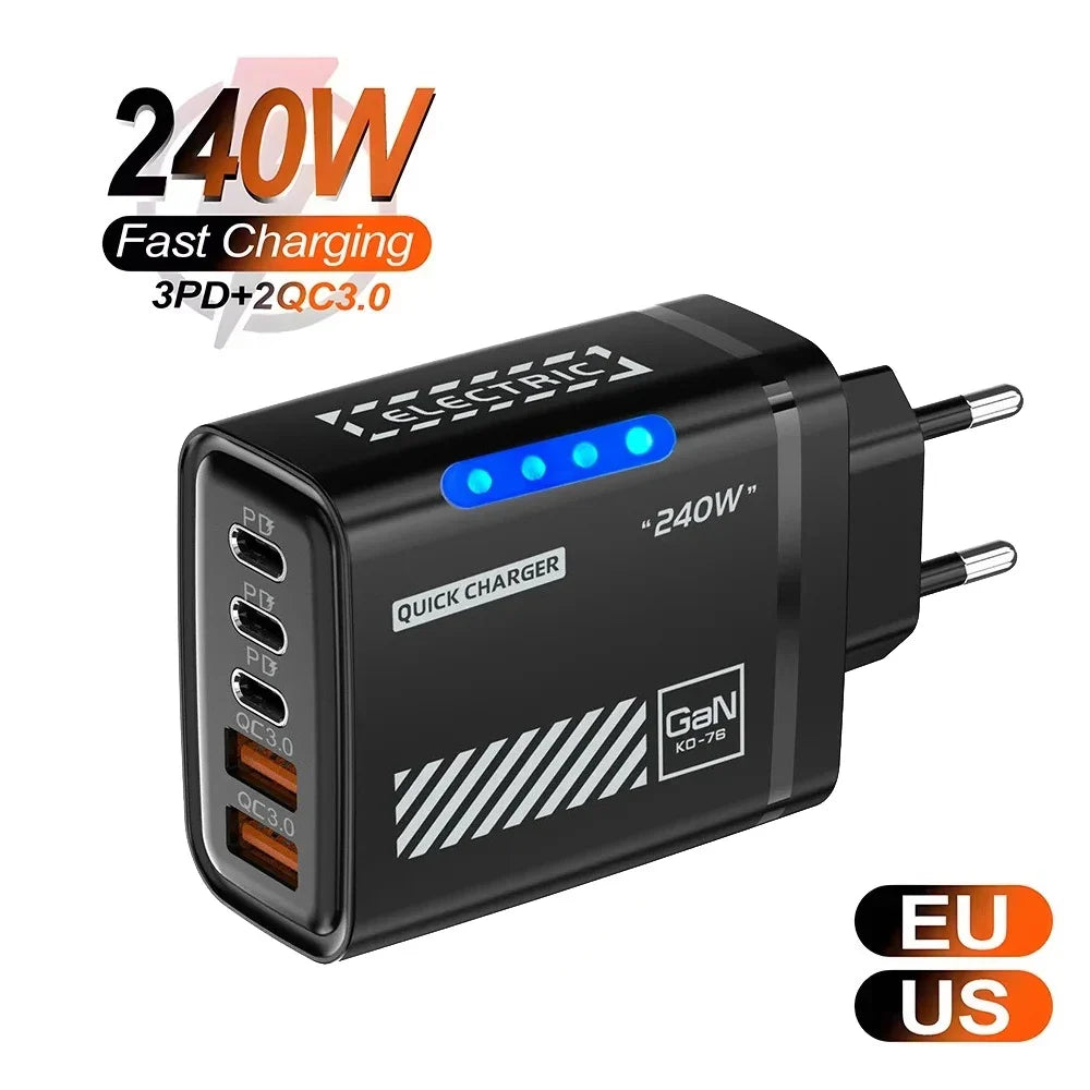 5-in-1 240W GaN USB-C Desktop Charger | 3PD+2USB Fast Charge