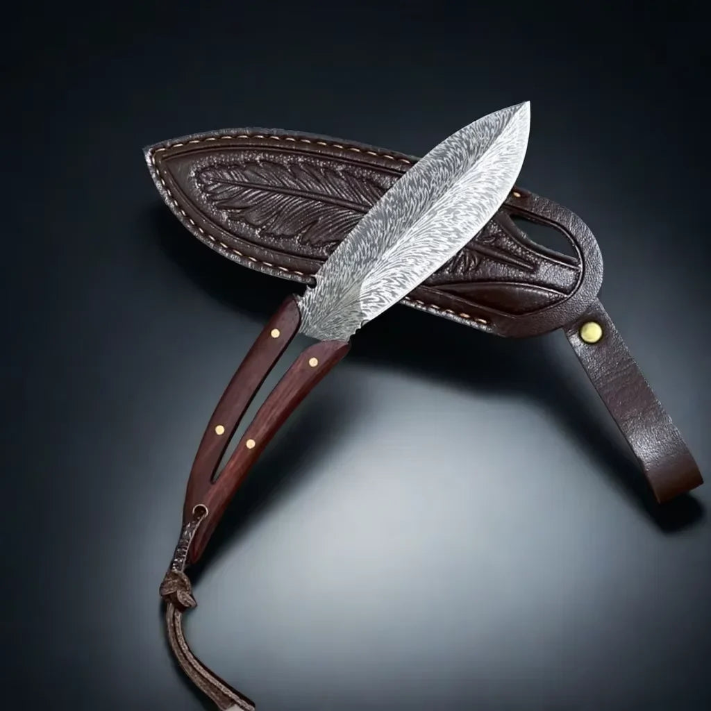 EDC Fixed Blade Knife – Patterned Leaf Blade & Wood Handle