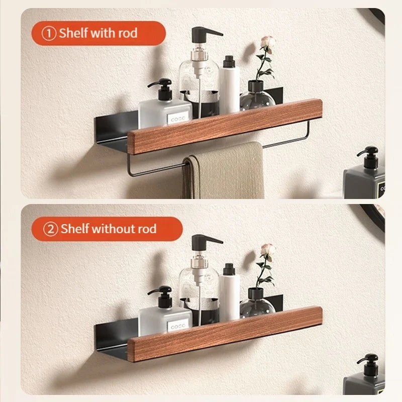Wood & Aluminum Corner Shower Shelf | Wall-Mounted Organizer
