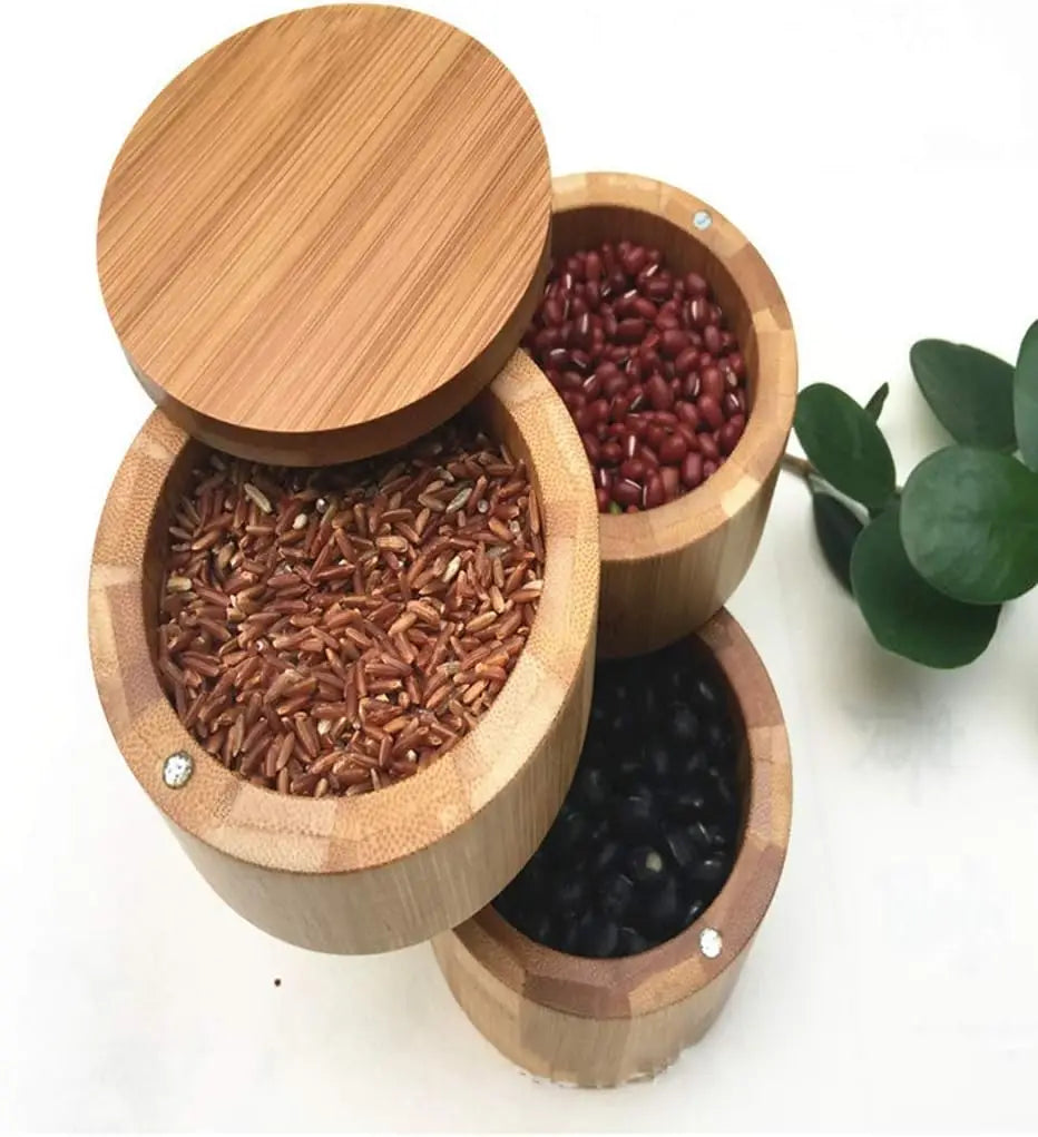 3-Tier Bamboo Salt Box & Spice Storage Jar Set with Spoon