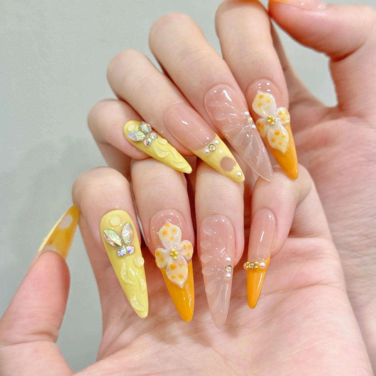 3D Carved Flower Press-On Nails | Long Almond False Nail Set