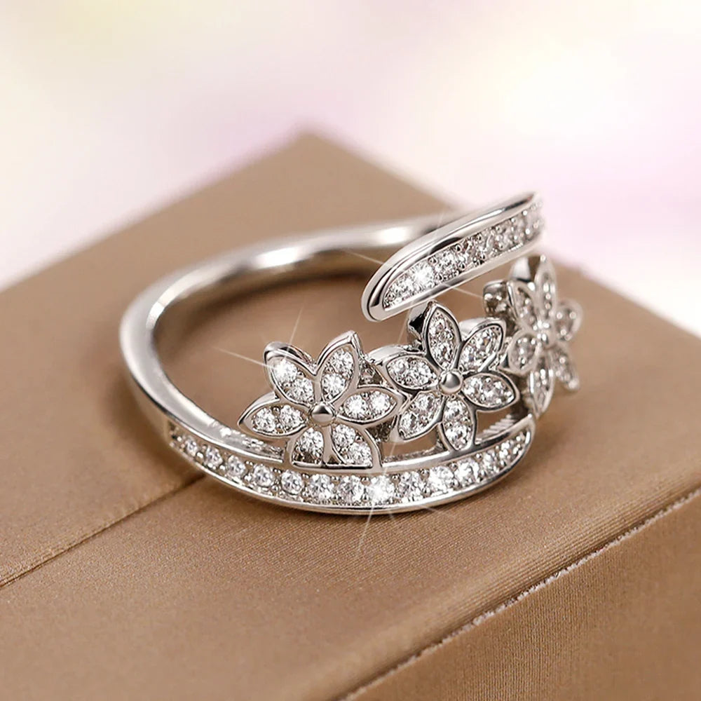 Huitan Silver Flower Adjustable Ring | Cubic Zirconia Bridal