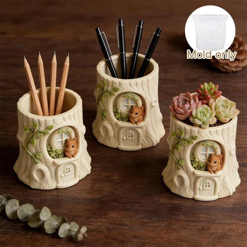 Fairy Tale Tree Stump Squirrel Planter Silicone Mold DIY Cement Resin