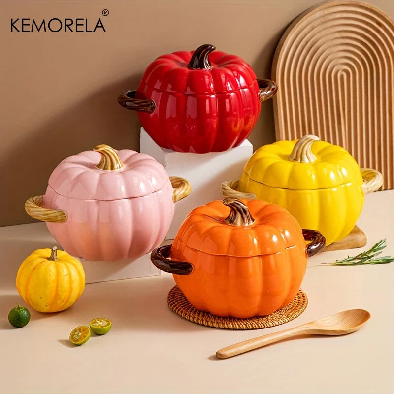 KEMORELA 50oz Ceramic Pumpkin Dutch Oven Pot with Lid