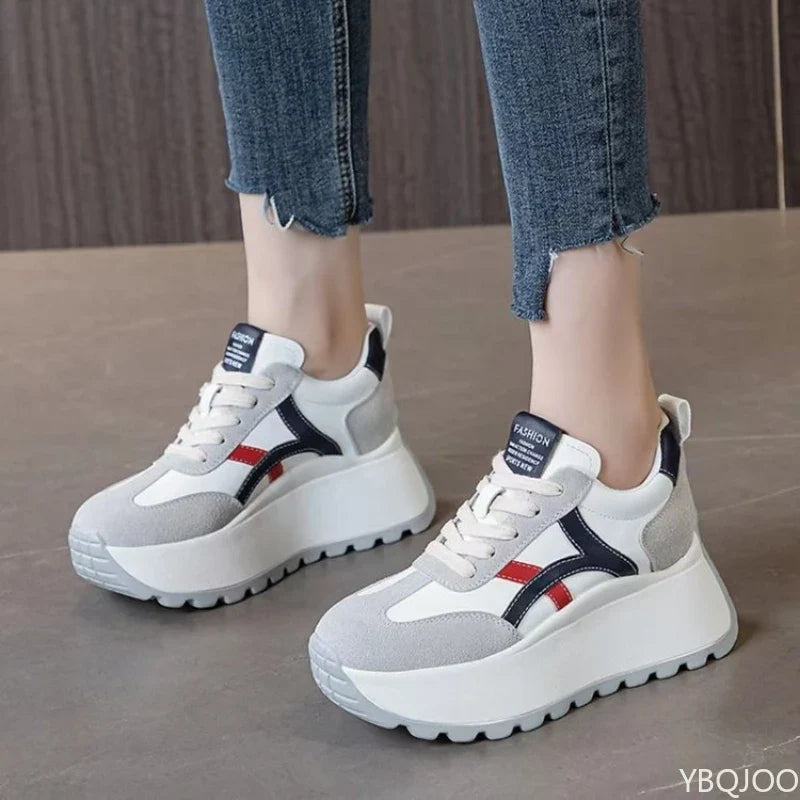YBQJOO Women's Thick Heel Lace-Up Sneakers | Casual Sport Shoes