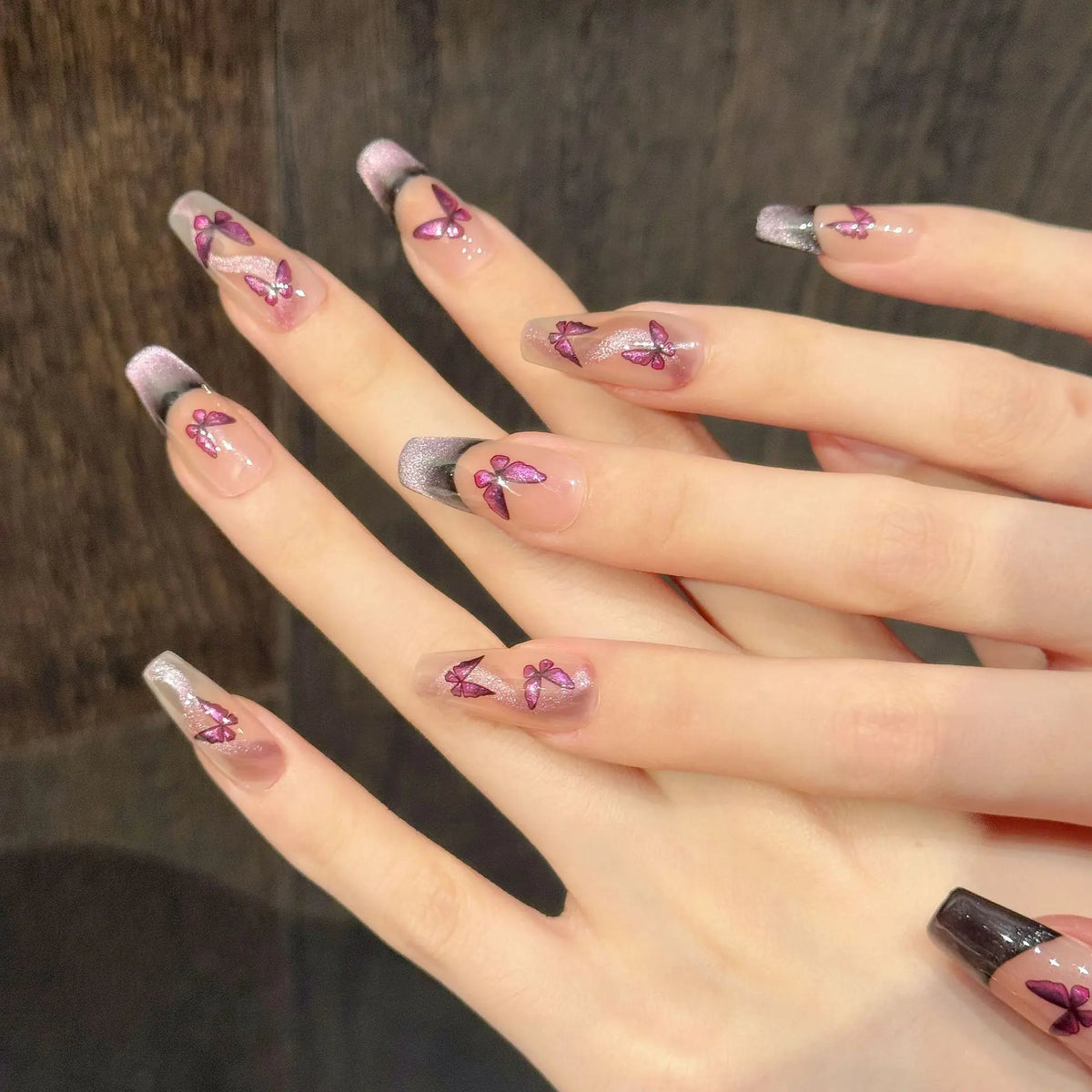 Handmade Rose Purple French Cat's Eye Press Nails Glitter Butterfly