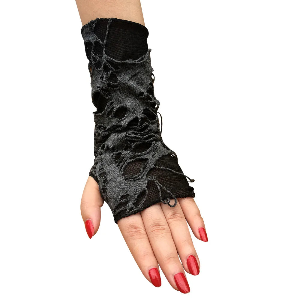 Gothic Black Fingerless Gloves – Punk Ripped Halloween Cosplay
