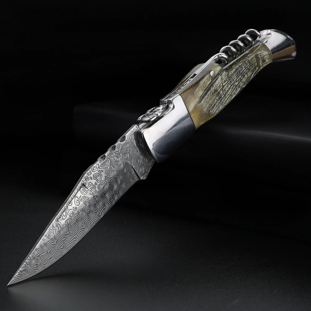 Damascus Steel Folding Knife – Sheep Horn Handle | XUAN FENG