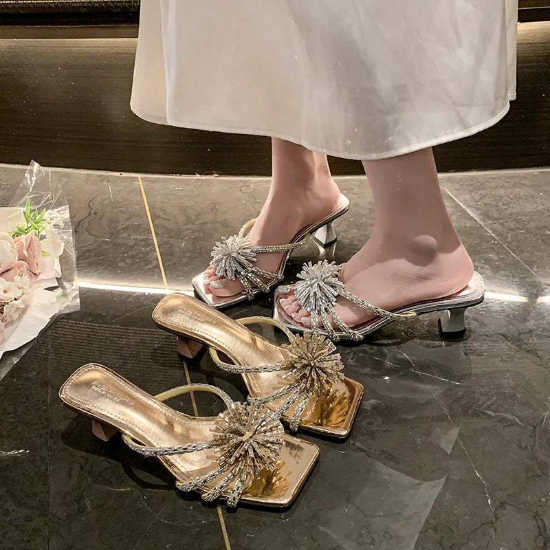 Rhinestone Chunky Heel Sandals – Square Toe Party Slippers