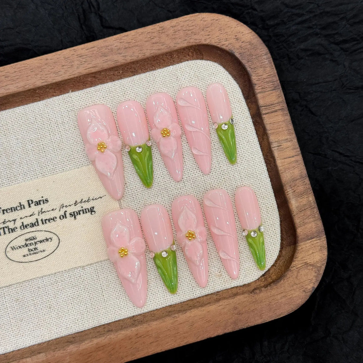 Sweet Pink Almond Press On Nails – 3D Flower French Tips | 10pcs