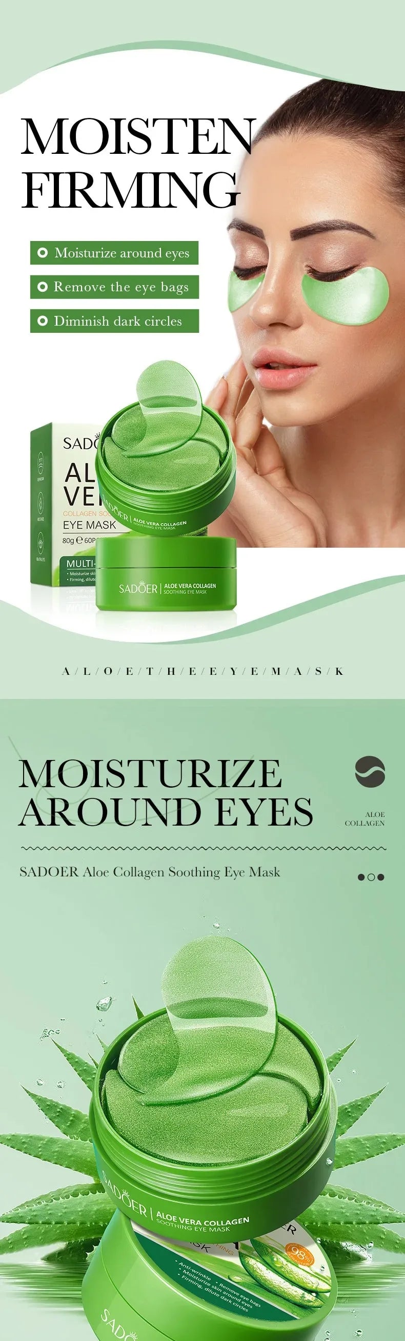 REAROYA Aloe Vera Collagen Eye Masks 60pcs – Hydrating Patches