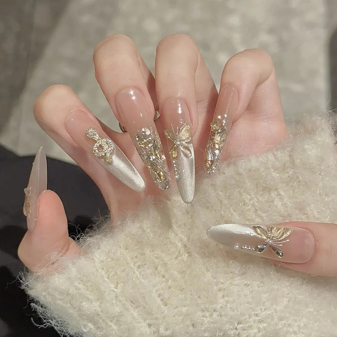 French Cat Eye Press On Nails – Glitter Crystal 3D Rhinestone Set