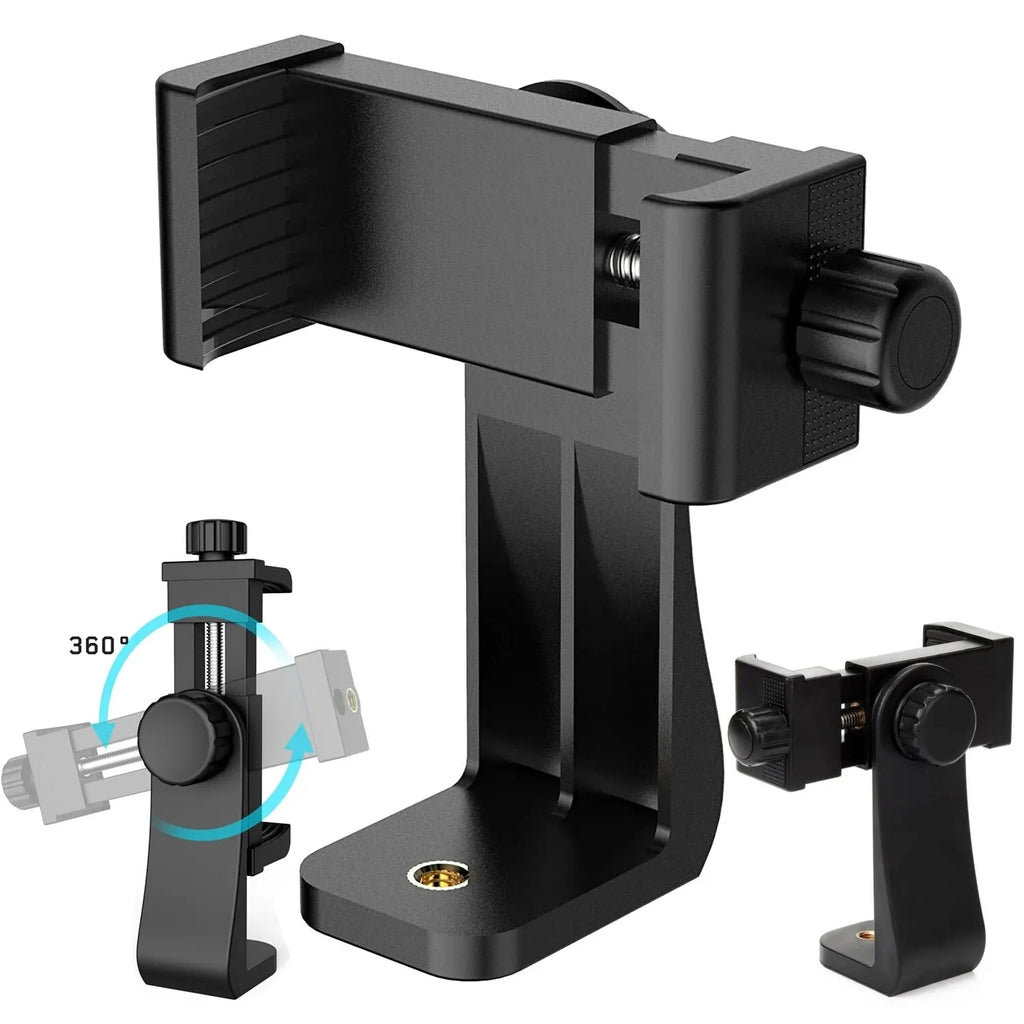 360° Phone Clip Tripod Mount – Universal 1/4" Screw Adapter