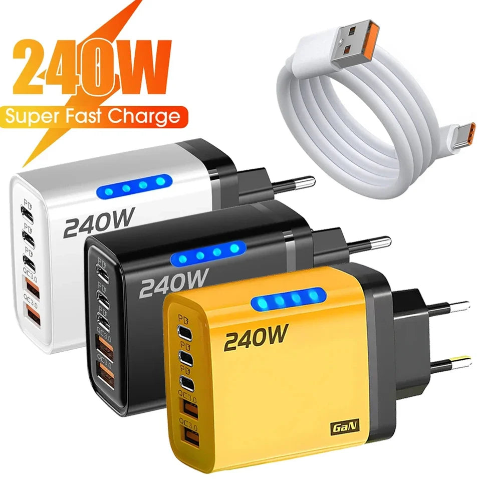 240W GaN 5-Port Fast Charger | 3 USB-C + 2 USB-A with LED