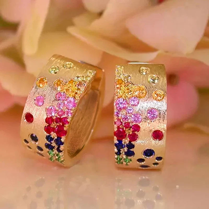 Huitan Colorful CZ Hoop Earrings – Gold Tone Women's Fashion
