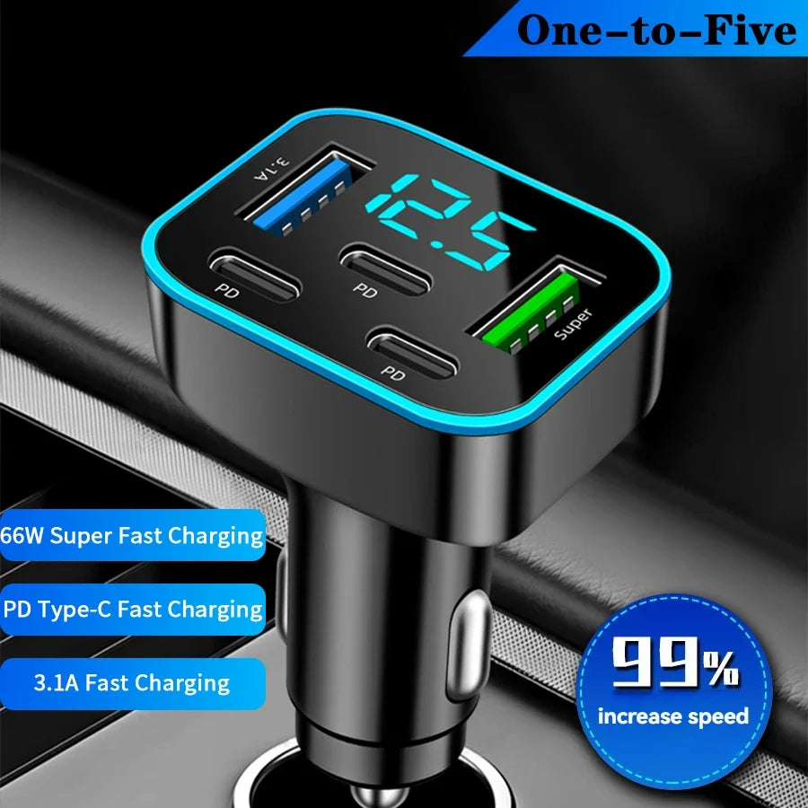 5-Port Fast Car Charger – 3x USB-C PD, 2x USB, Digital Display