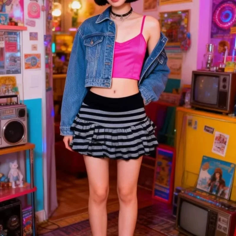 Y2K Striped Color Block A-Line Mini Skirt | Women's Street Style