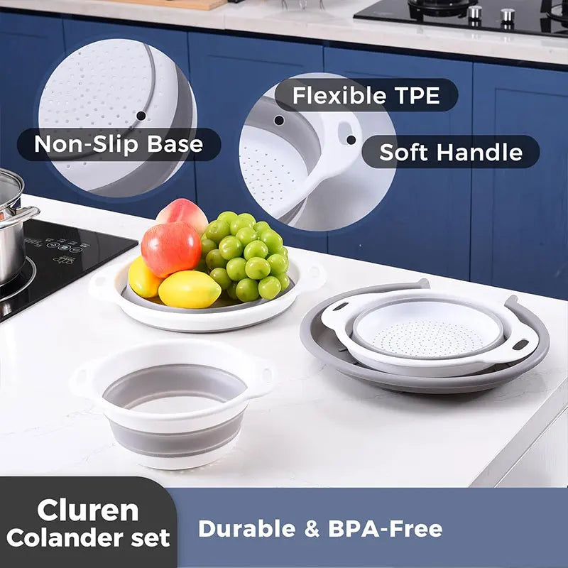 Foldable Colander Strainer Set & Self-Draining Base | 3/4 PCS