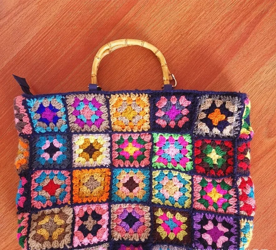 Handmade Crochet Granny Square Boho Woven Shoulder Bag Purse