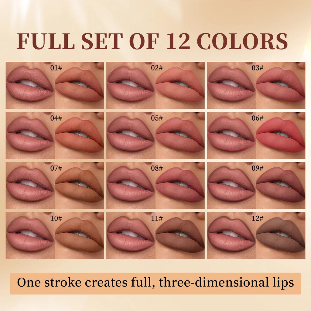 QIBEST 12-Color Matte Lip Liner Set – Waterproof & Long-Lasting