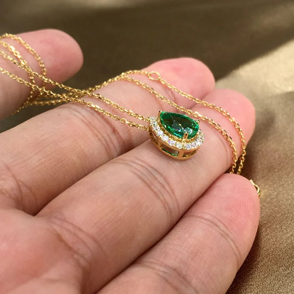 Huitan Green Water Drop CZ Pendant Necklace | Gold Tone