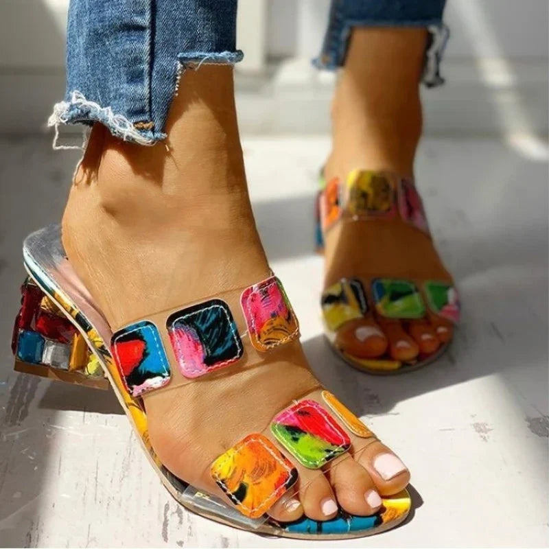 Women's Gem Print 6CM Block Heel Pointed Toe Sandals