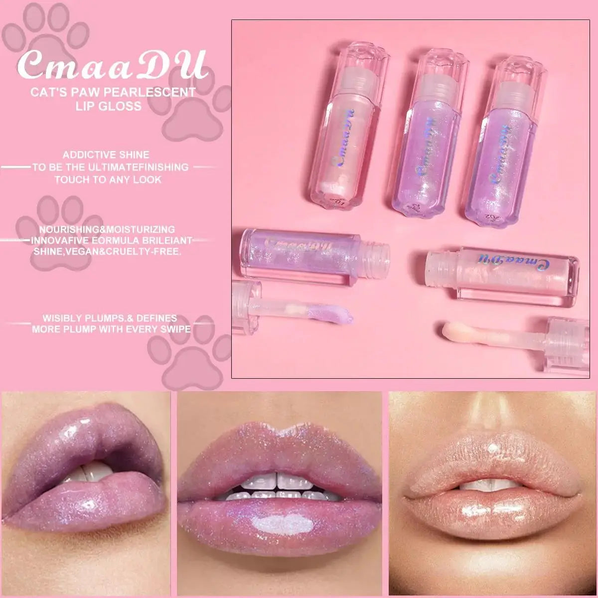 CmaaDU Pearlescent Glitter Lip Gloss – Plumping Mirror Shine