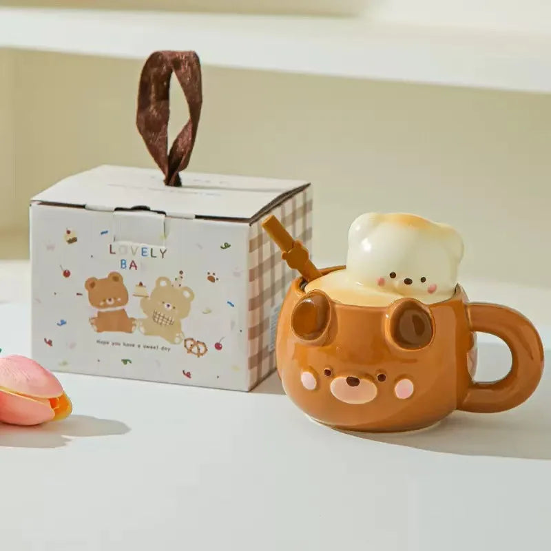 Bear Ceramic Mug with Lid – 450ml Cute Cartoon Cup Gift