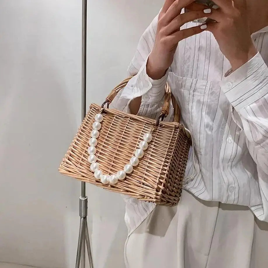 Women's Handmade Straw Woven Crossbody Bag – Floral Basket Purse
