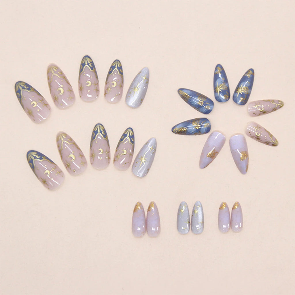 24pc French Almond Press On Nails | 3D Star Moon Cat Eye Design