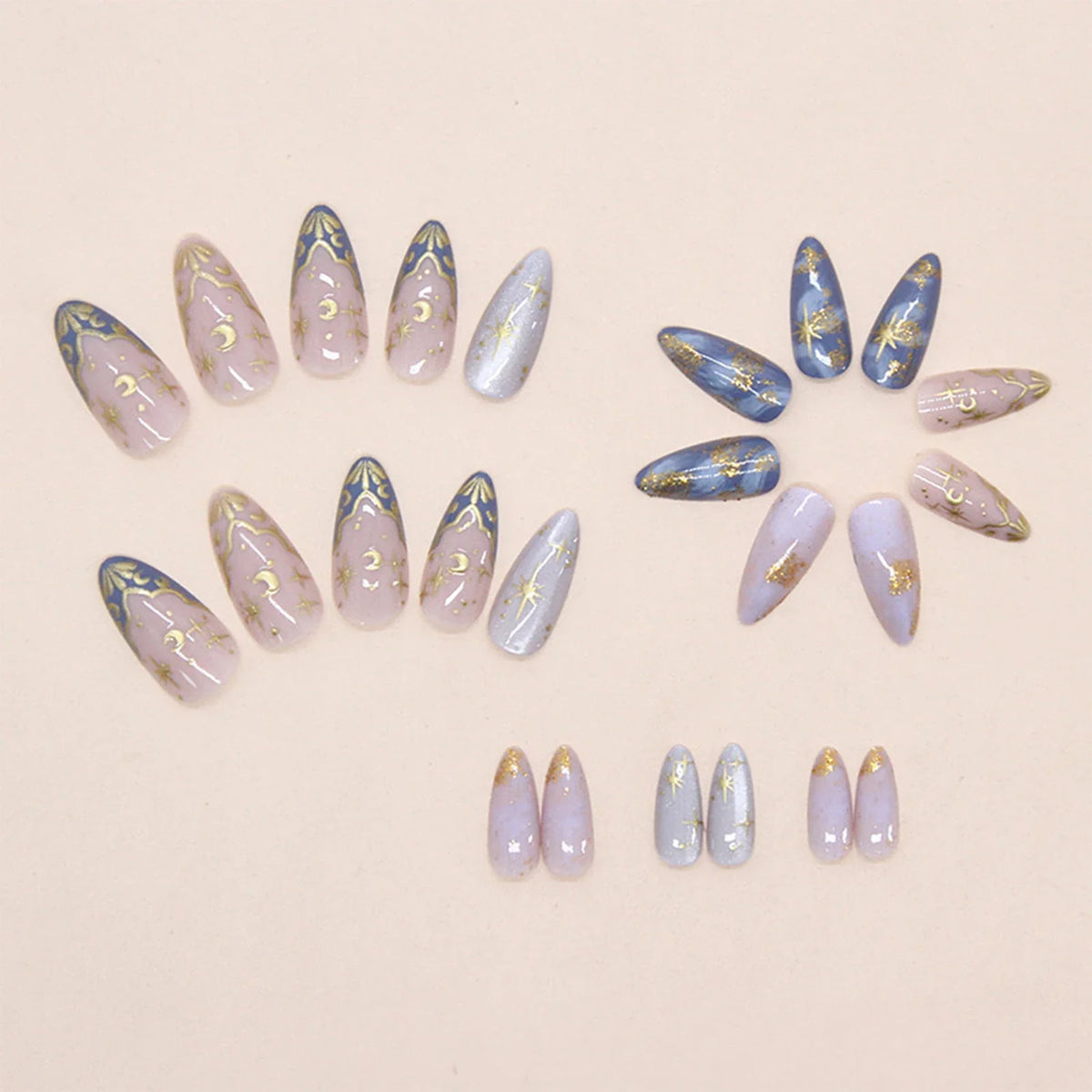 24pc French Almond Press On Nails | 3D Star Moon Cat Eye Design