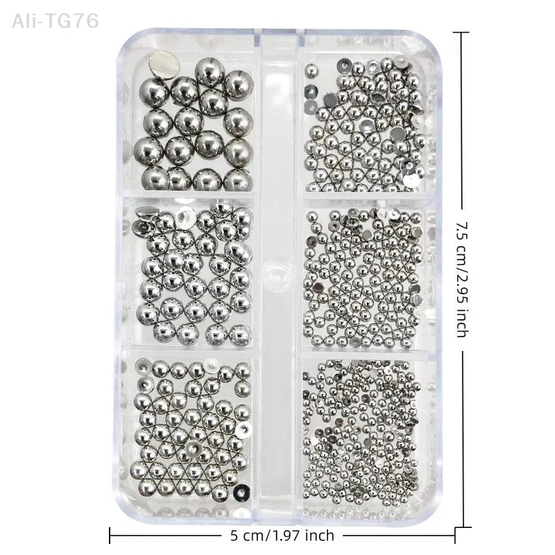 6-Grid Pearl Nail Charms Set – Gold & Silver Manicure Gems