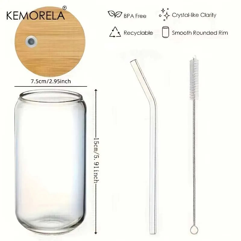 KEMORELA 500ml Glass Can Cups with Lids & Straws – Set of 2/4/6