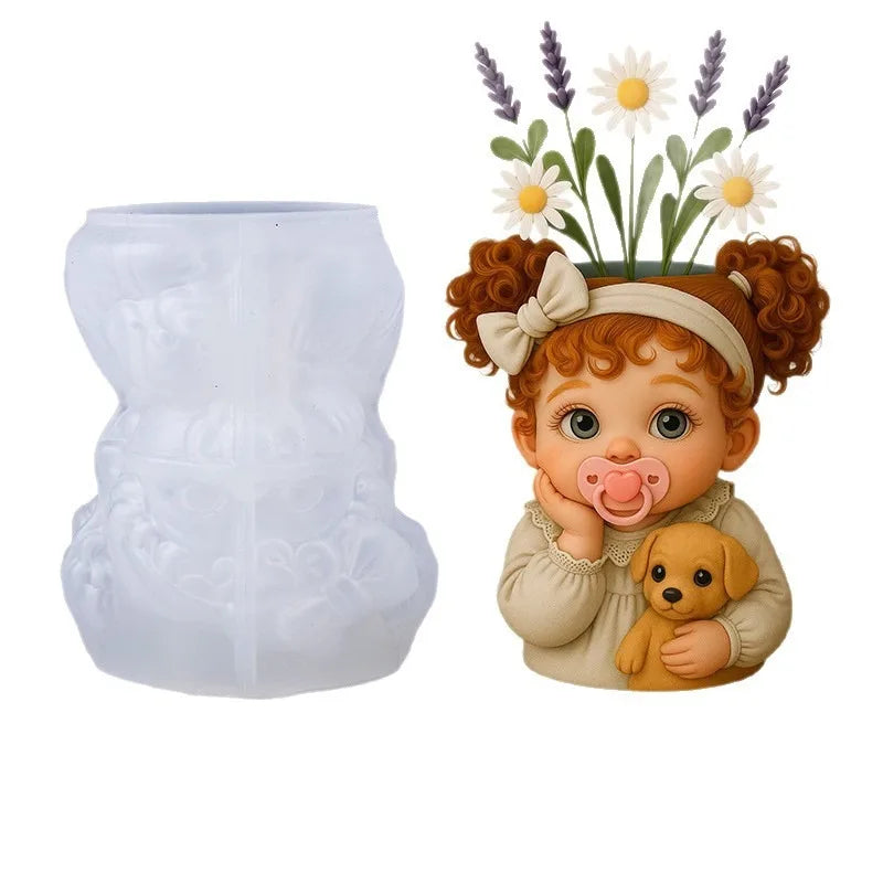 3D Cute Baby Dog Silicone Mold DIY Resin Vase Gypsum Pot Candle