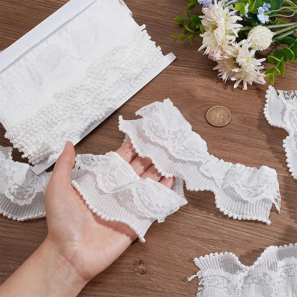 7 Yards Pearl Flower Ruffled Lace Ribbon Trim – White DIY