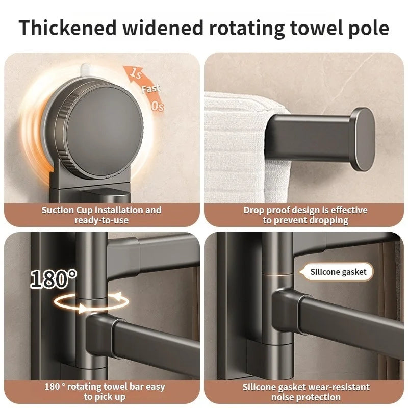 Drill-Free Rotating Double Towel Bar Rack with Suction Cup & Hook