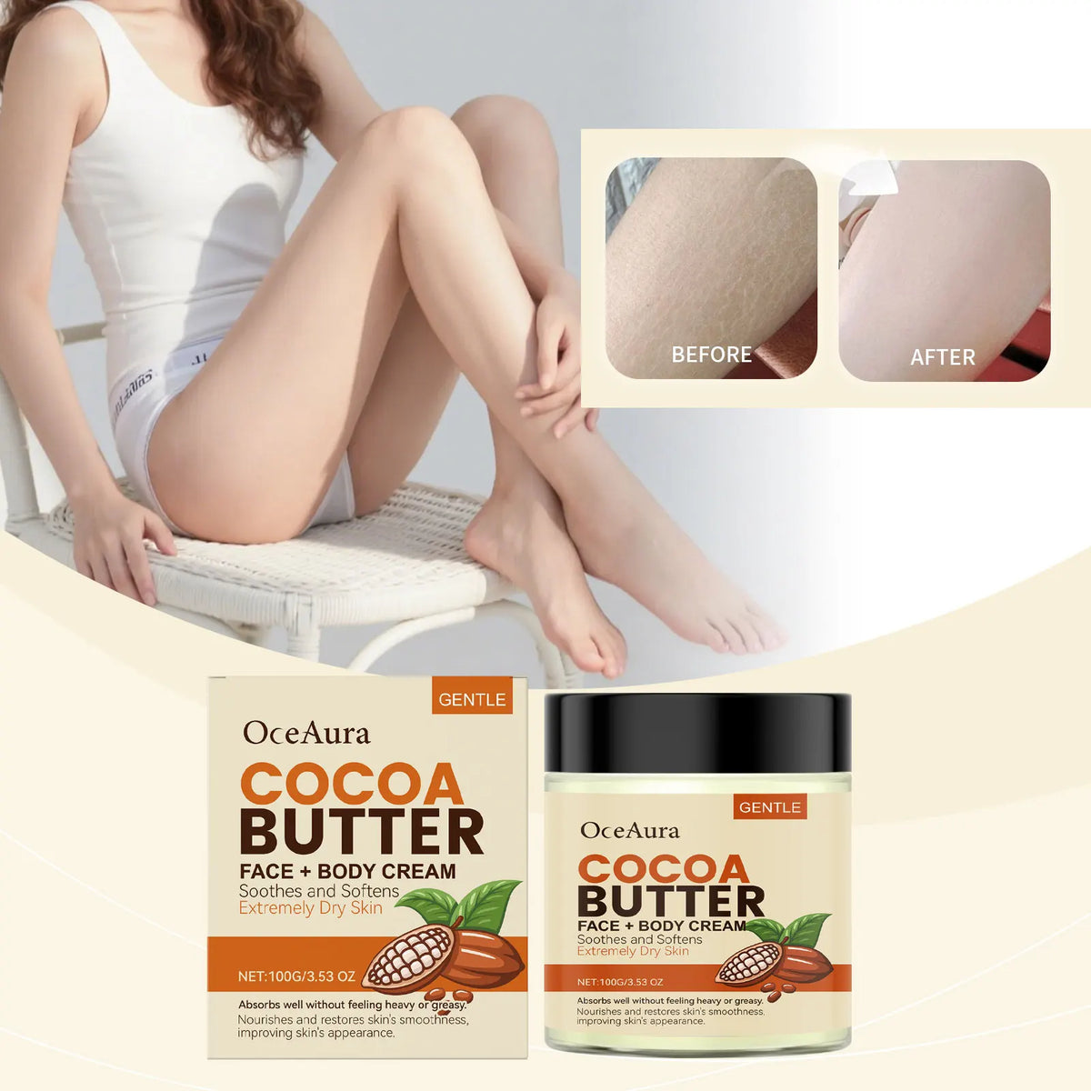 OceAura Cocoa Butter Body & Face Cream – 48Hr Moisturizer 100g
