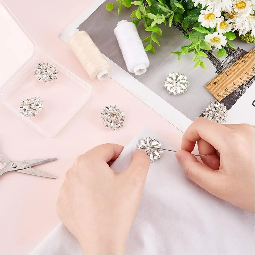 6-Pack 26.5mm Flower Brass Rhinestone Shank Buttons – Crystal Silver