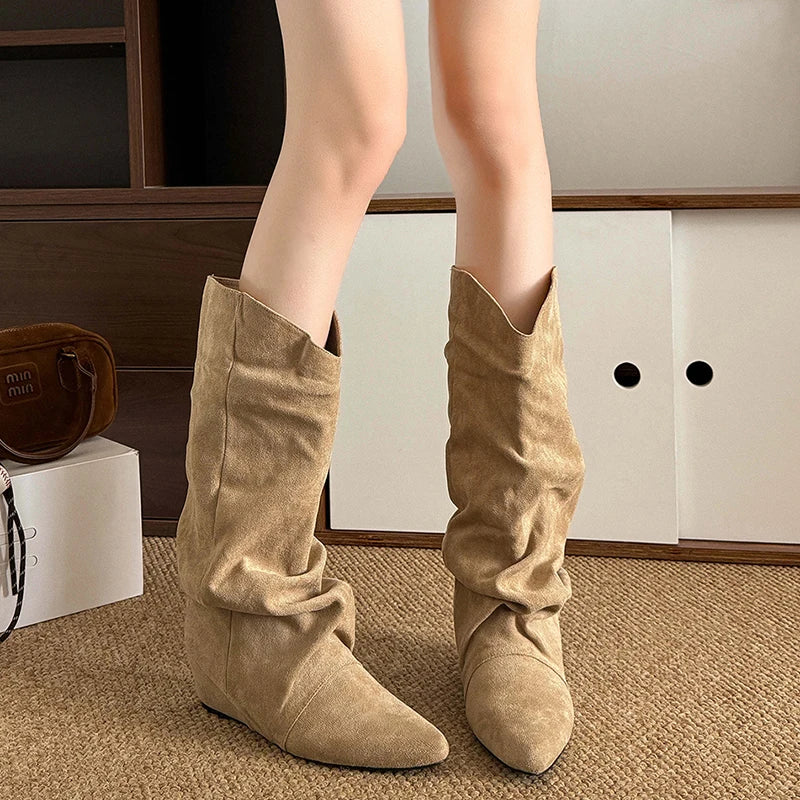 Women's Khaki Suede Mid-Calf Western Boots | Pointed Toe