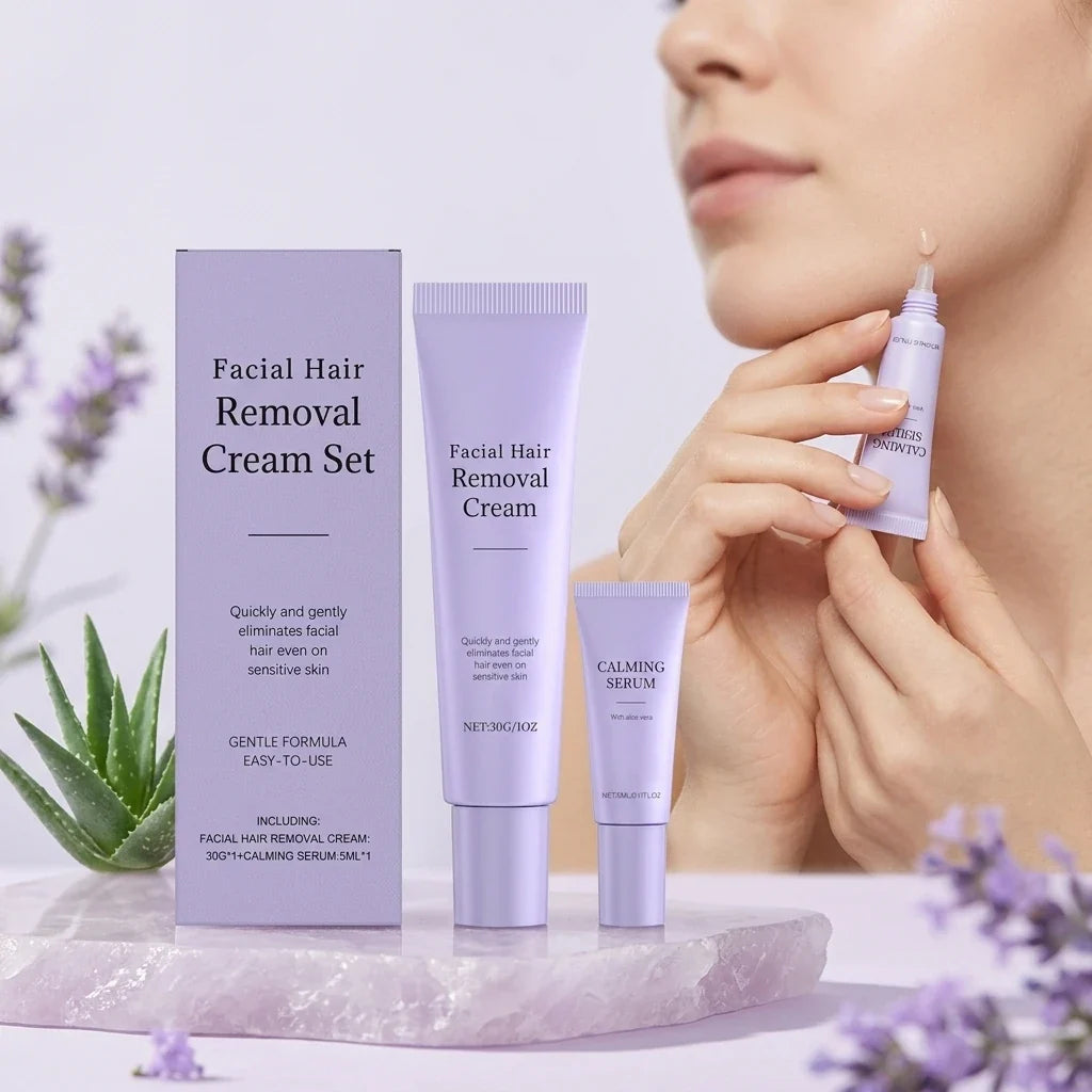 Painless Facial Hair Removal Cream & Calming Serum Kit