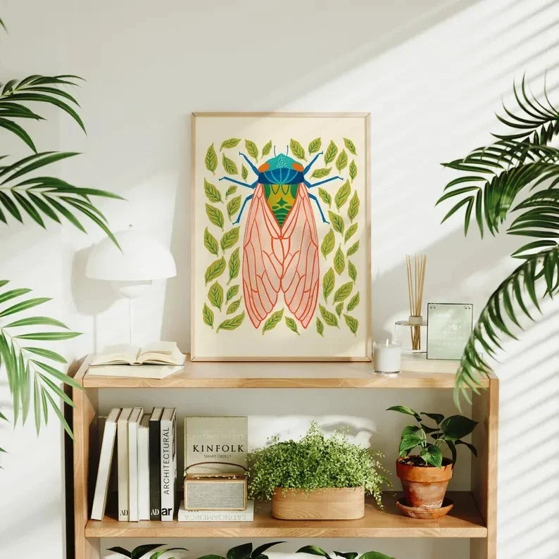 Modern Botanical Cicada Canvas Wall Art Print | Bug Poster