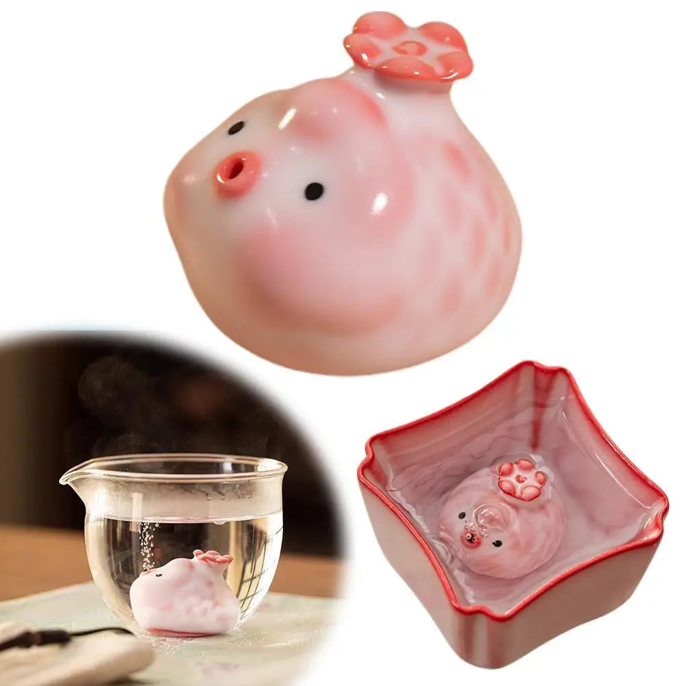 Ceramic Bubble Fish Tea Pet Figurine | Pink Cherry Fish Statue