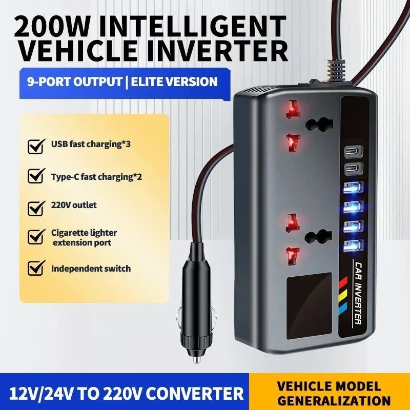200W Car Power Inverter 9-in-1 | DC 12/24V to AC 220V + USB-C PD