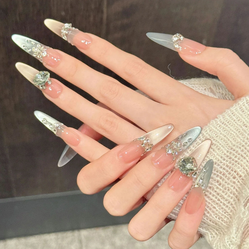 Aurora Cat's Eye Press On Nails | K9 Diamond French Tips 10pc