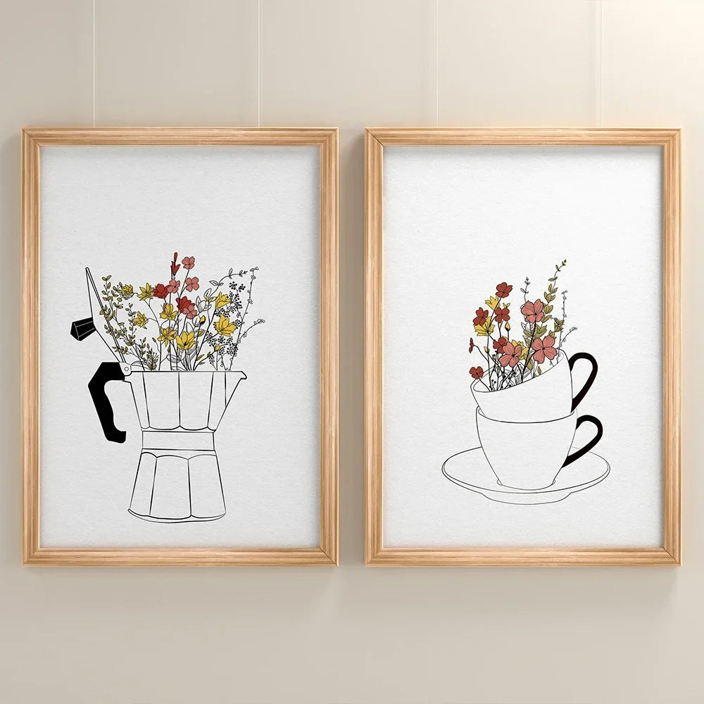 Coffee Lover Canvas Wall Art | Nordic Floral Cup Print Poster