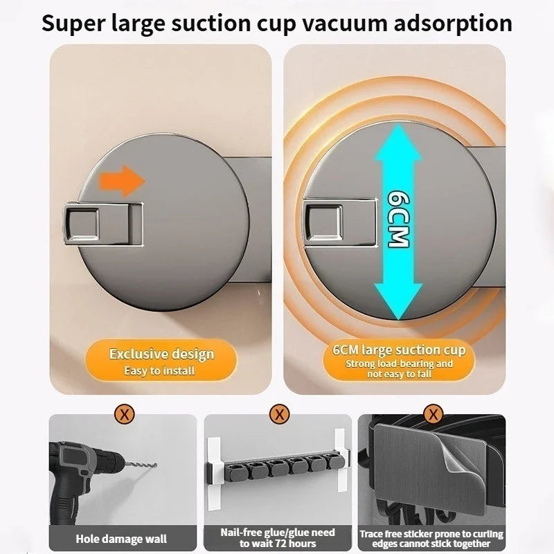 No-Drill Suction Cup Mop Rack Wall-Mounted Holder with 6 Hooks