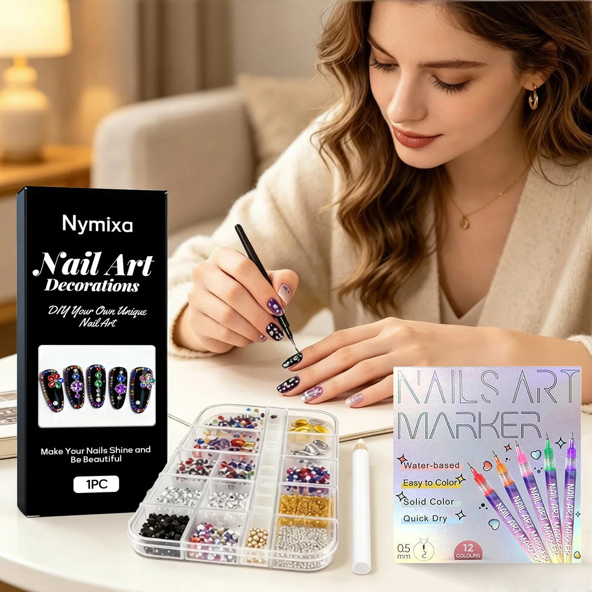 Glitter Rhinestone & DIY Nail Art Set – 12 Grids + 12 Color Pens